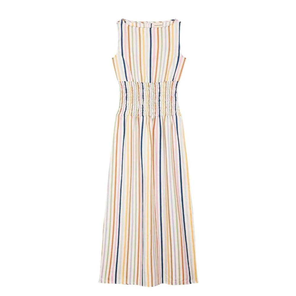Maria de la Orden Smocked Midi Dress in White Multi Stripe